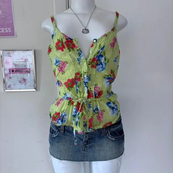 Rare Y2K Abercrombie & Fitch Floral Tank Top – Lime Green Babydoll Style - Picture 6 of 7